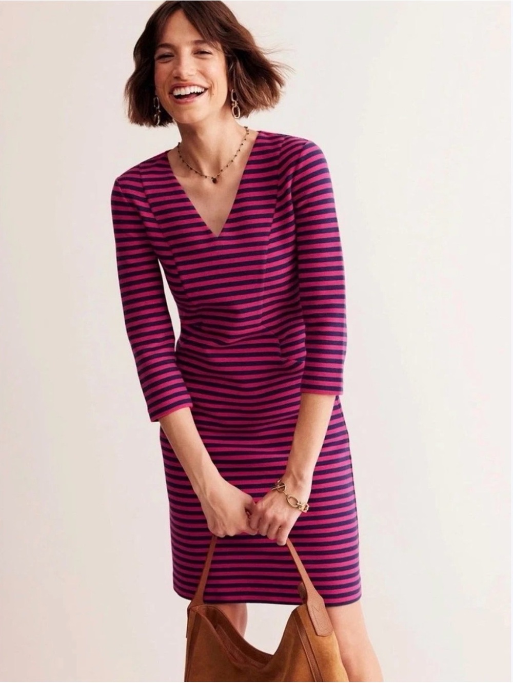 Boden Brontë Ottoman Dress Fuchsia and Navy Striped V-Neck Plus Sheath Casual